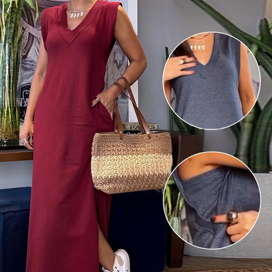 ✨【S-XL】👗Жените V-образно деколте без ръкави Split Maxi рокля