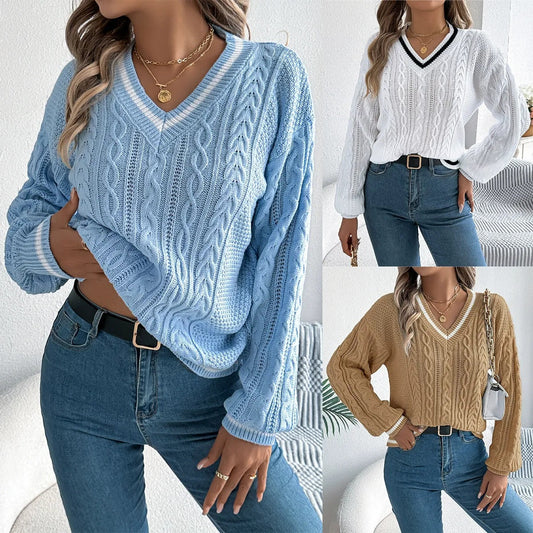 【S-XL】✨💖Дамски пуловер с дълъг ръкав и V-образно деколте